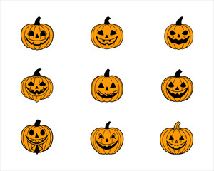 Cute & Scary Halloween Pumpkin Vector Set , Jack-o'-Lantern Face Icons for Party, Invitation, T-shirt & Decoration.
