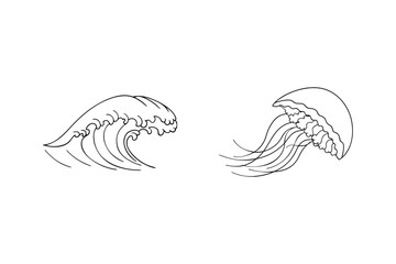 Minimalist illustration of ocean wave and jellyfish in simple black and white outline