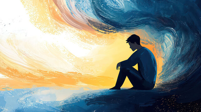 Illustration of a sad man sitting alone with waves representing depression and anxiety