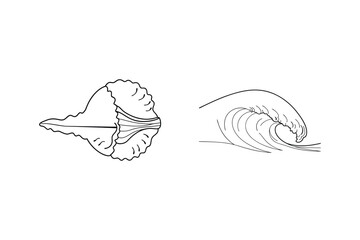 Simple black and white line art depicting a seashell and a rolling ocean wave