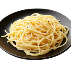Classic Spaghetti Aglio e Olio with Black Pepper on a Black Plate on transparent background