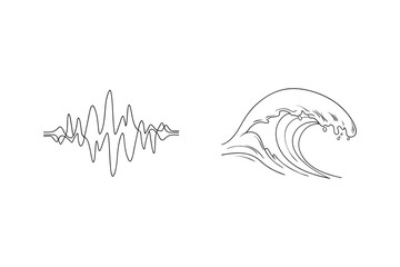 Artistic line drawings representing sound waves and ocean wave motion against a white background