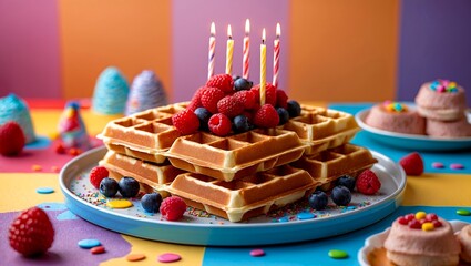 Delicious birthday waffles set against vibrant background