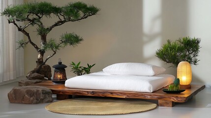 Tranquil Zen-inspired bedroom setting with a low wooden platform bed and bonsai trees