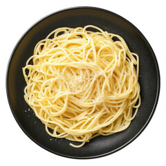 Delicious Plate of Spaghetti with Parmesan Cheese on a Black Background on transparent background