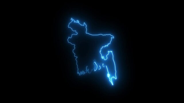 Neon glowing Bangladesh map animation on black background, digital country outline icon for geography, technology, data visualization, national identity, futuristic UI, and regional content design