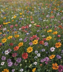Delicate wildflowers bloom in a vibrant meadow, creating a soft, natural floral pattern ,  wild,  field
