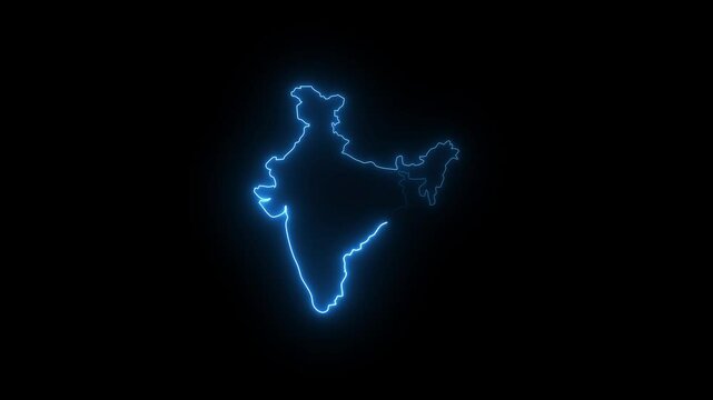 Neon glowing India map icon animation on dark background, digital outline of Indian subcontinent, ideal for technology themes, geographic visuals, patriotic designs, and futuristic interface graphics