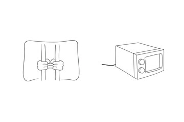 Fototapeta premium Cartoon illustration depicting hands behind bars and a microwave oven on a white background.