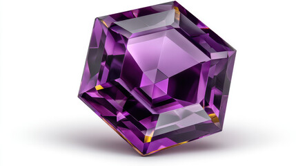 An intricately cut amethyst gemstone gleams, reflecting light across its many facets against a clean white backdrop in a studio setting, displaying luxury.
