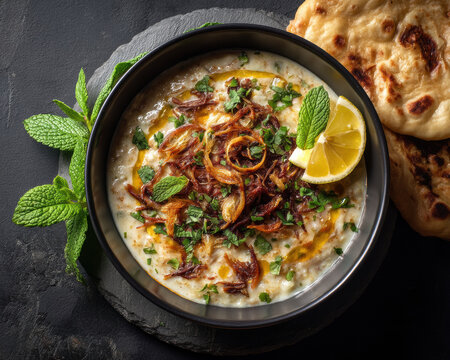 haleem bowl with lemon wedge mint garnish and naan on slate background