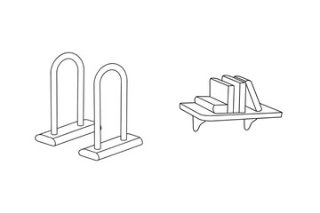 Simple line drawing of a bookshelf and bookends isolated on a white background.