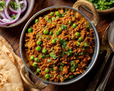 Overhead shot of spicy keema matar in rustic steel bowl with roti and onion salad..