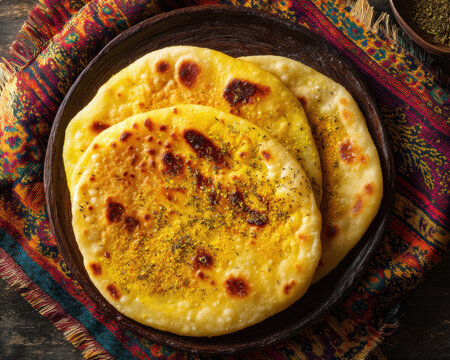 Freshly baked sheermal flatbread brushed with ghee and sprinkled with cardamom overhead shot