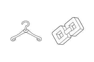 Line drawing of clothing hanger and interlocking chain element on a white background