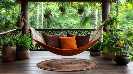 Tropical outdoor hammock. Lush greenery surrounds wooden porch