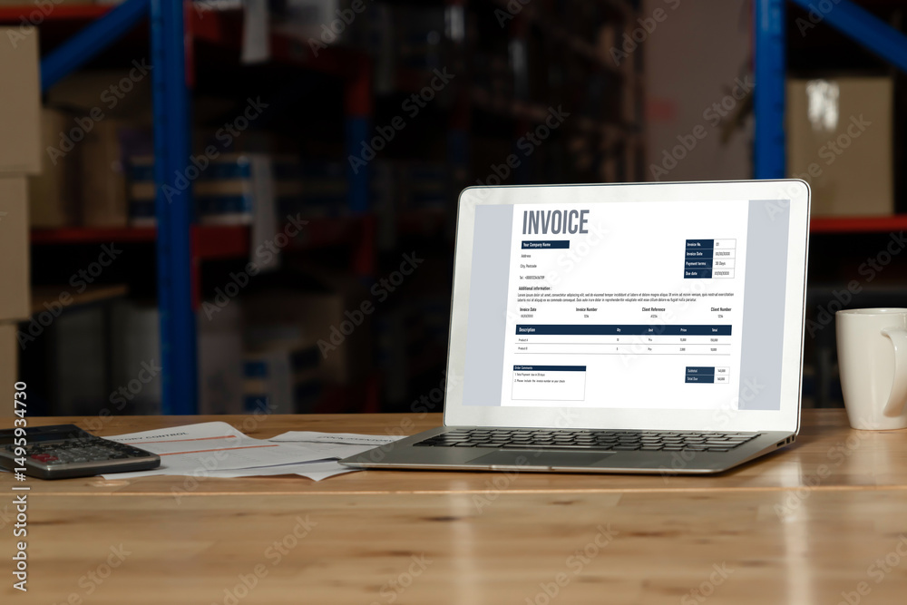 Poster invoice on computer screen from accounting application. computer program for financial and budget of