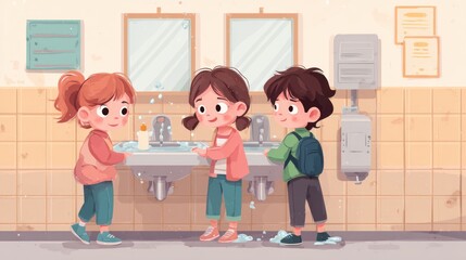 Children washing hands at a school sink.  A friendly illustration of three kids in a school restroom, attentively washing their hands