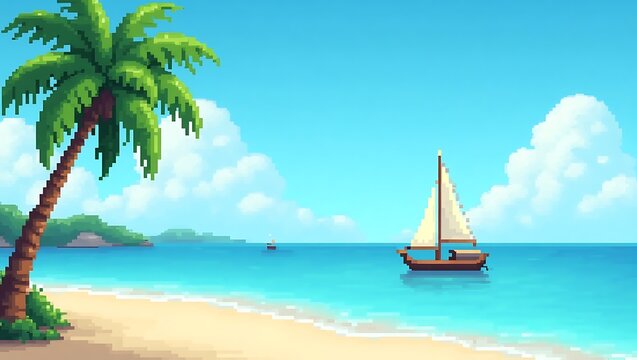 Pixelated paradise: A sunny beach with a sailboat and a palm tree for relaxation