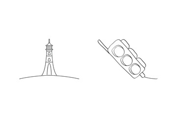 Simple line drawings of a lighthouse and traffic signal for minimalist design elements