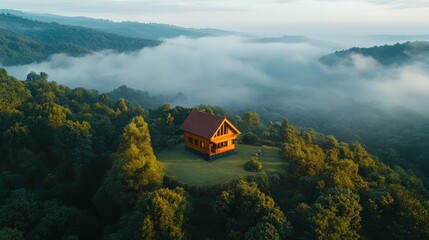 Cozy wooden house sitting peacefully on a green hilltop surrounded by early morning fog and forest-covered hills under golden sunrise light in a dreamlike natural mountain scene