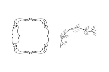 Elegant black and white frame and leafy branch design elements on white background