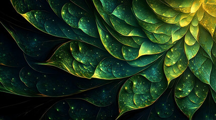 Fototapeta premium Intricate design of layered, glowing emerald leaves.