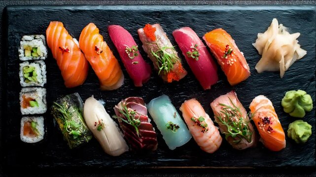 Sushi platter with various types of sushi