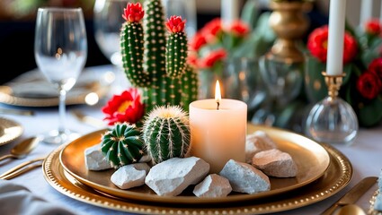 Elegant table centerpiece with red cactus and candle