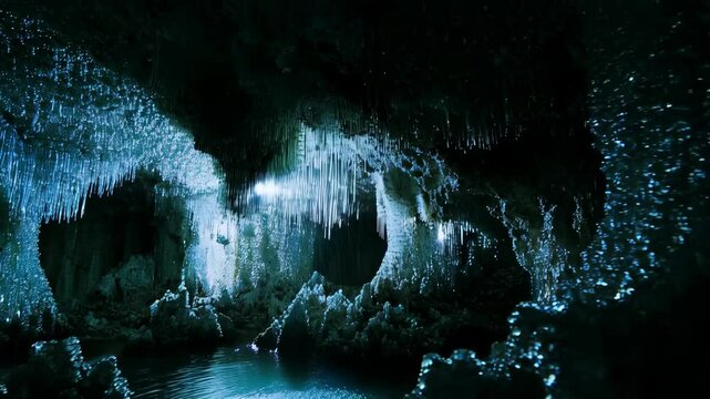 Eerie cave interior with crystalline stalactites hanging above a bright turquoise underground pool, dark natural cavern scenery