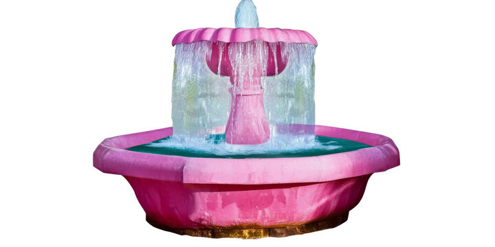 Pink water fountain with cascading water streams, cut out transparent