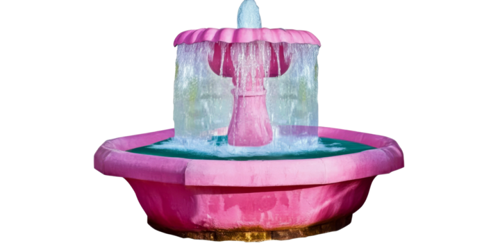Pink water fountain with cascading water streams, cut out transparent