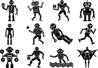 A collection of various robot illustrations in a variety of poses and styles on a white Background 