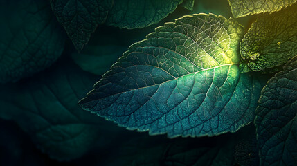 Detailed close-up of leaves with intricate vein patterns.