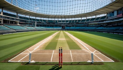 Empty cricket pitch prepared for practice session