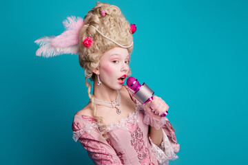 Photo of charming lady opera theater singer hold mic perform son