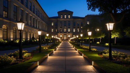 Fototapeta premium Enchanting nighttime garden pathway by historic building