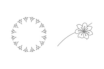 Minimalist floral illustrations of a flower and a circular element on a white background