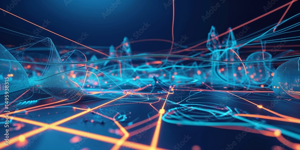 Poster colorful abstract digital landscape with glowing lines and nodes representing data flow and technolo