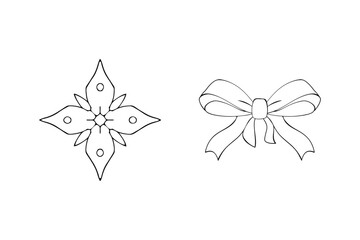 Elegant black and white line art illustrations of a decorative floral element and a bow