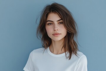Fototapeta premium Charming Female Portrait: Easygoing Brunette in Casual White Tee Exuding Beauty Against Tranquil Blue Backdrop