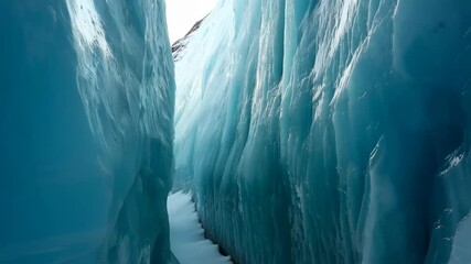 Close up of textured blue ice walls and snowy passage in a deep glacier crevasse on a bright day, Arctic exploration - Powered by Adobe