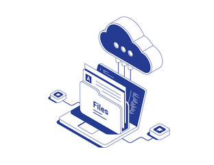 Cloud storage concept with laptop, document folder and floating cloud icon connected to small servers by data flows in isometric line contour vector illustration.