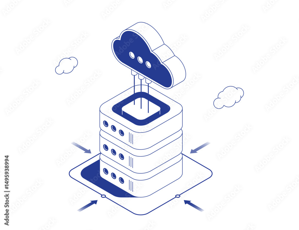 Poster cloud storage concept with server rack connected to cloud by data flows and incoming arrows in isome