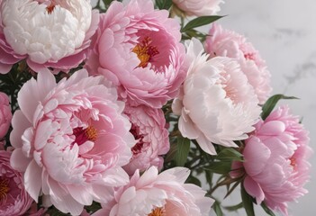 Obraz premium Close-up shot of pink peony and rose bunch Plenty of white space , beautiful, summer, fresh