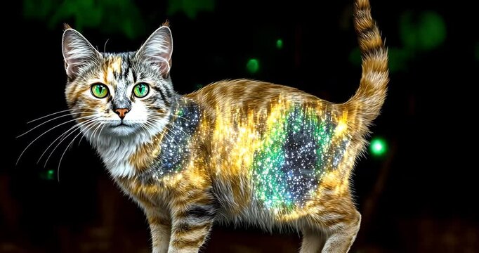 A calico cat with a galaxy pattern on its fur stands majestically against a dark background.