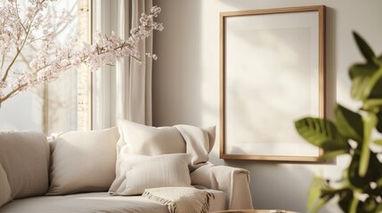 A cozy Scandinavian living room.  A wooden frame with a poster sits near a beige sofa with cushions.  Blurry cherry blossoms are in the background.
