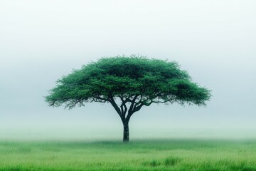 Fototapeta premium Single acacia tree standing alone in a vast open grassy field surrounded by soft morning fog and muted light, creating a peaceful minimalistic nature landscape composition