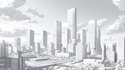 A drawing shows a large city with tall, modern buildings.
