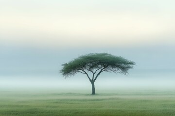 Obraz premium Single acacia tree standing alone in a vast open grassy field surrounded by soft morning fog and muted light, creating a peaceful minimalistic nature landscape composition